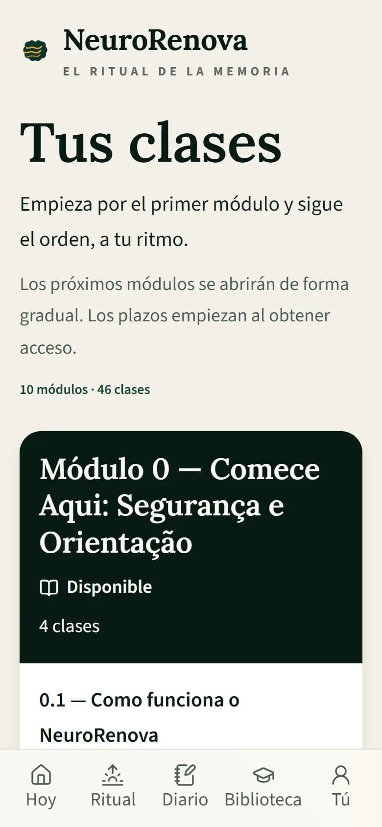 Biblioteca — Los módulos, en el orden en que se abren.